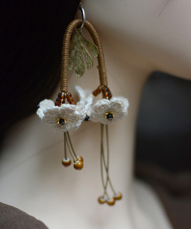 Original White Sterling Silver Handmade Weaving Floral Tassel Drop Earrings