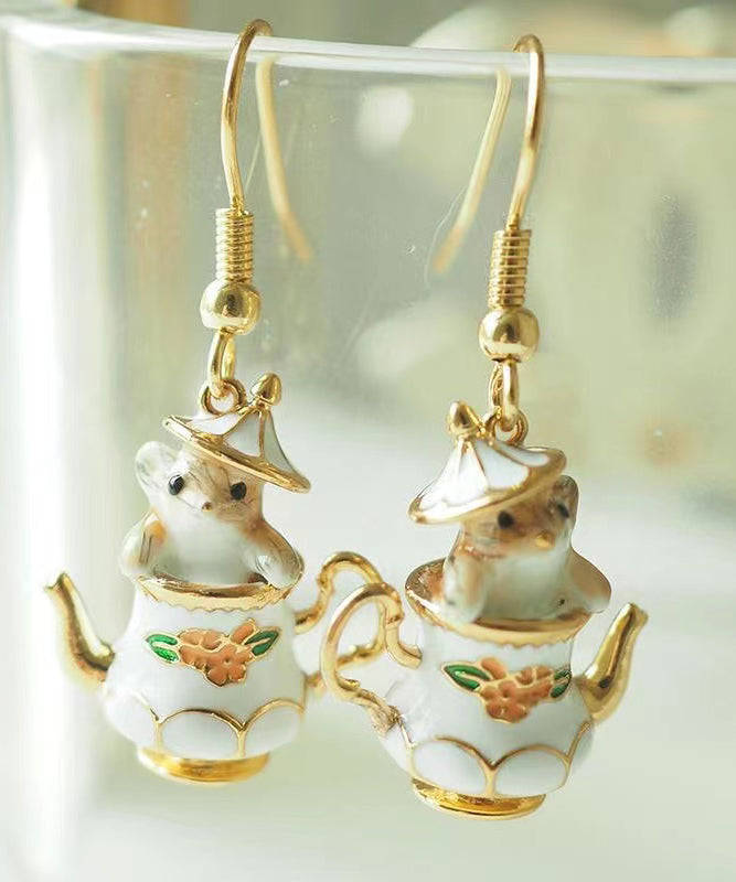 Original White Sterling Silver Overgild Teacup Squirrel Drop Earrings