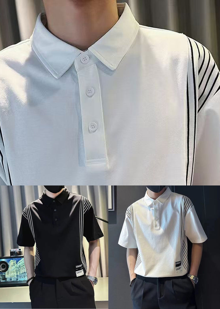 Original White Striped Button Cotton Men Polo Shirts Summer