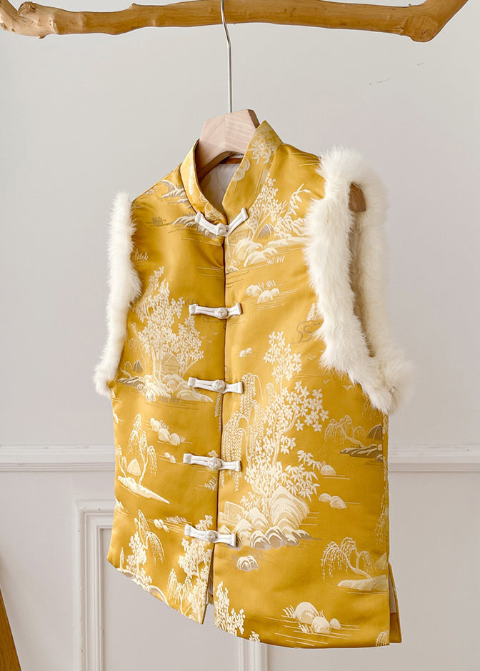 Original Yellow Button Fluffy Silk Sleeveless Waistcoat Stand Collar