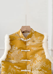 Original Yellow Button Fluffy Silk Sleeveless Waistcoat Stand Collar