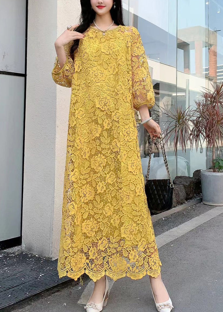 Original Yellow O Neck Hollow Out Embroidered Lace Dresses Summer