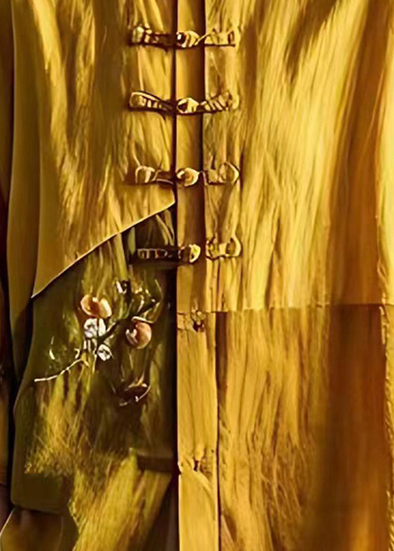 Original Yellow Print Patchwork Chinese Button Linen Top Summer