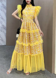 Original Yellow Ruffled Embroidered Patchwork Tulle Dress Butterfly Sleeve