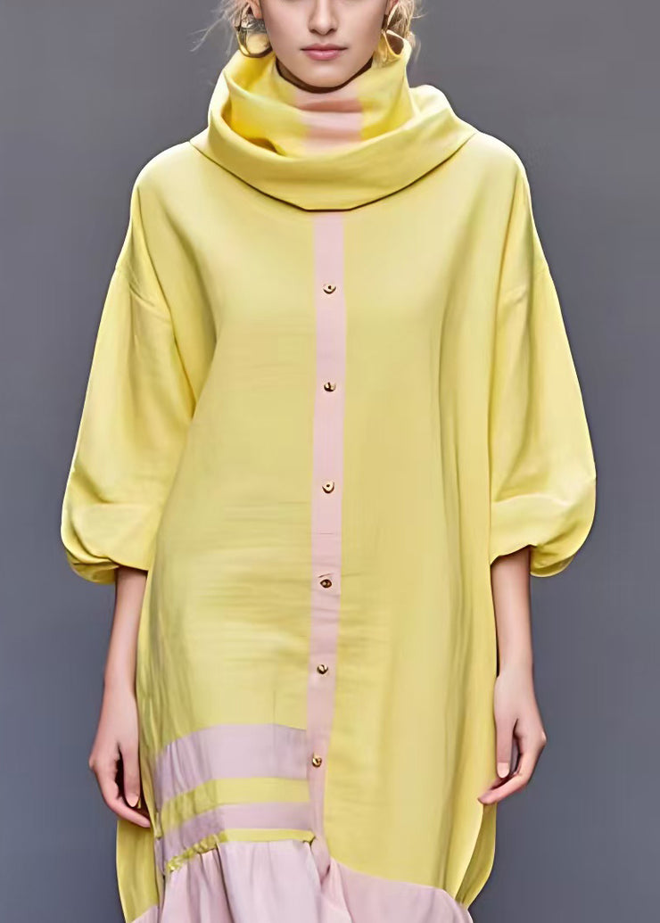 Original Yellow Turtleneck Button Patchwork Cotton Maxi Dresses Fall