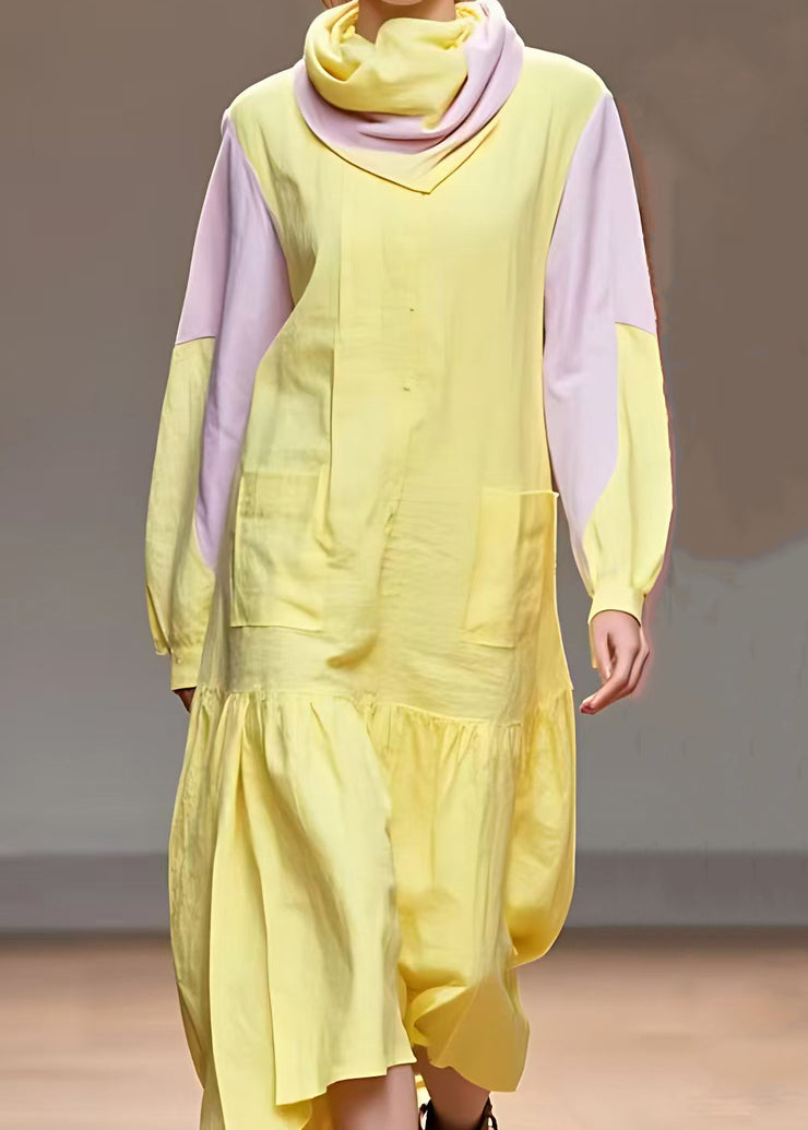 Original Yellow Turtleneck Pockets Cotton Dresses Long Sleeve