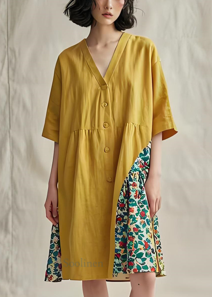 Original Yellow V Neck Print Plus Size Cotton Mid Dress Summer