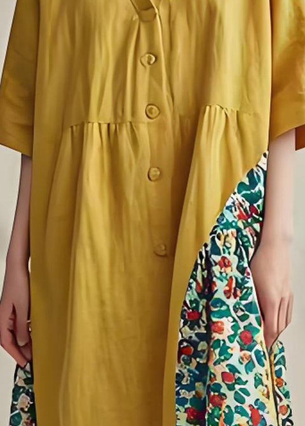 Original Yellow V Neck Print Plus Size Cotton Mid Dress Summer