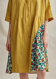 Original Yellow V Neck Print Plus Size Cotton Mid Dress Summer
