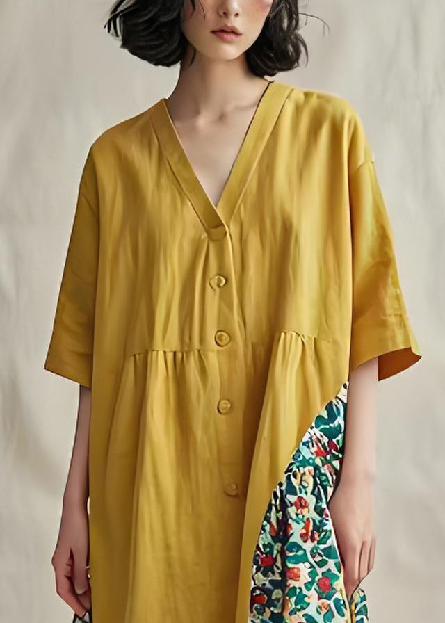 Original Yellow V Neck Print Plus Size Cotton Mid Dress Summer