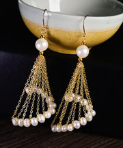 Oversize 14K Gold Pearl Tassel Drop Earrings