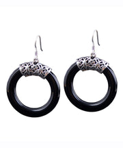 Oversize Black Sterling Silver Agate Circle Hoop Earrings