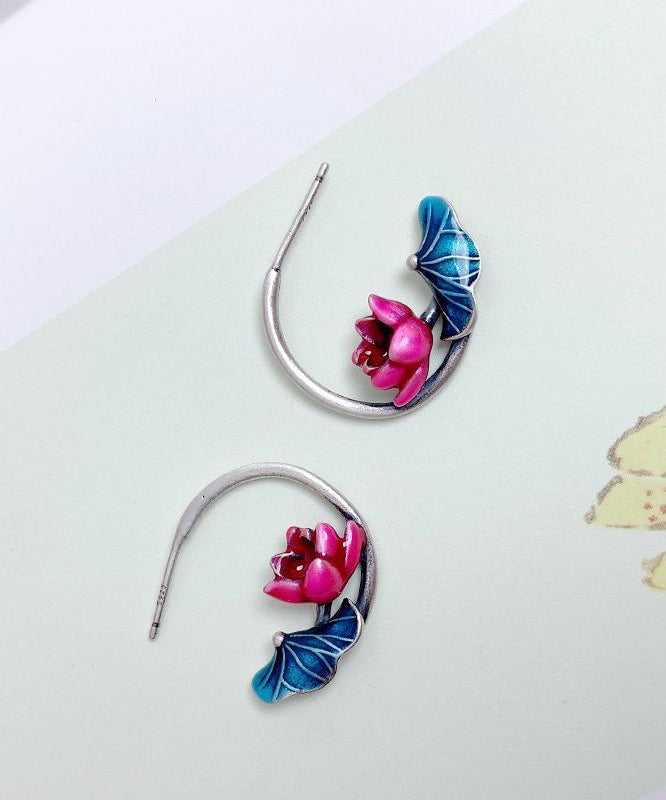 Oversize Blue Sterling Silver Cloisonne Lotus Hoop Earrings