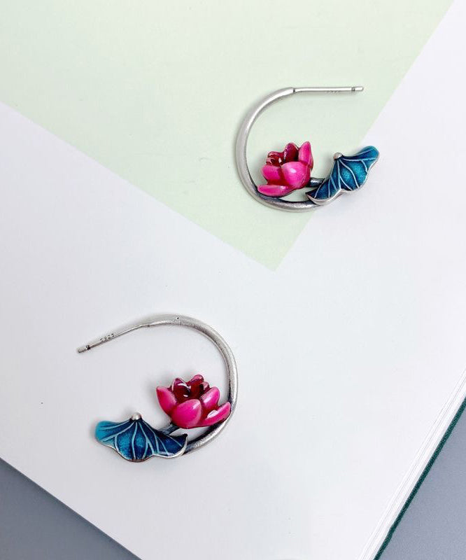 Oversize Blue Sterling Silver Cloisonne Lotus Hoop Earrings