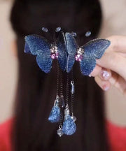 Oversize Blue Zircon Butterfly Embroidery Spring Tassel Hairpin