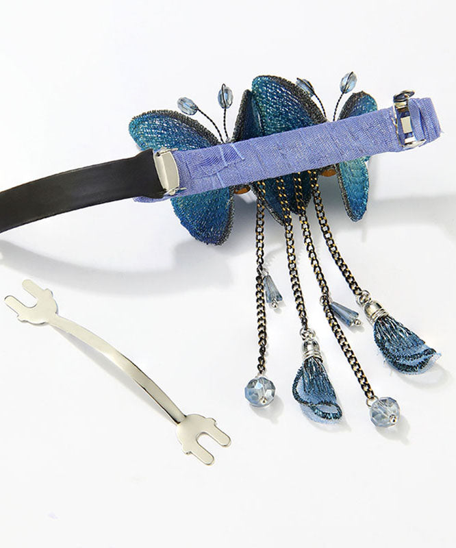 Oversize Blue Zircon Butterfly Embroidery Spring Tassel Hairpin