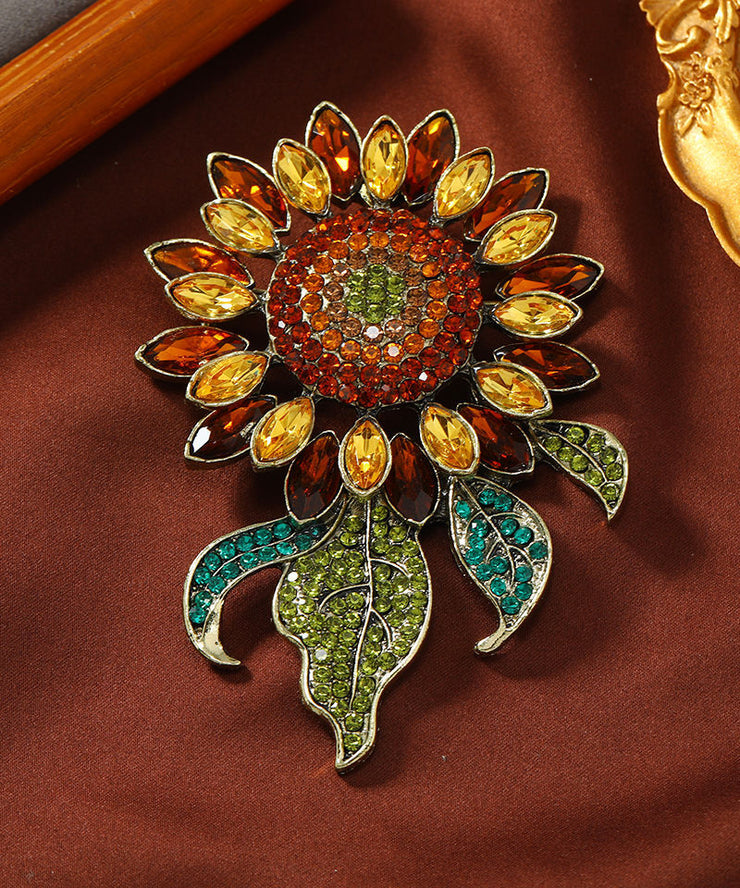 Oversize Champagne Alloy Crystal Zircon Sunflowers Brooches