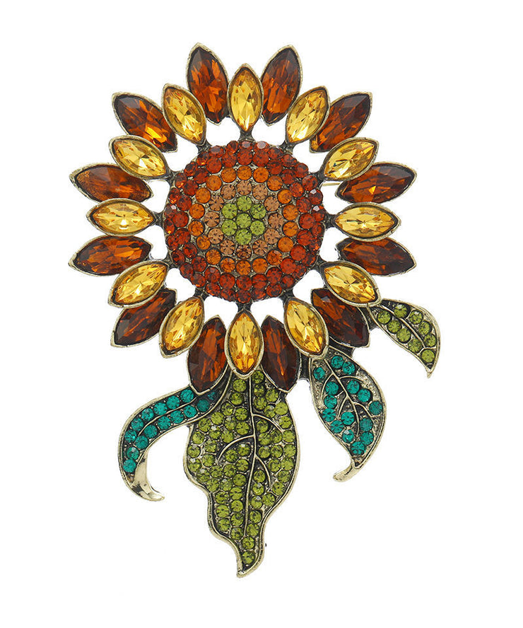 Oversize Champagne Alloy Crystal Zircon Sunflowers Brooches