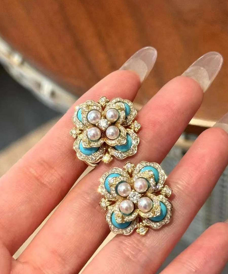 Oversize Colorblock Alloy Pearl Zircon Turquoise Stud Earrings