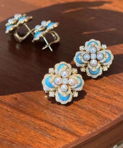 Oversize Colorblock Alloy Pearl Zircon Turquoise Stud Earrings