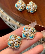 Oversize Colorblock Alloy Pearl Zircon Turquoise Stud Earrings