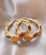 Oversize Gold Copper Alloy Floral Drip Glaze Hoop Earrings