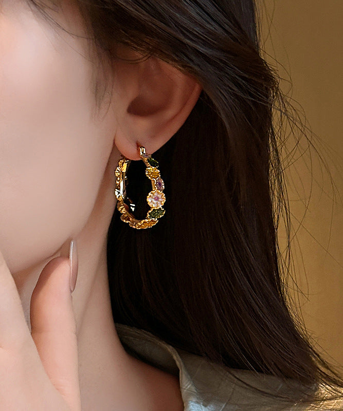 Oversize Gold Copper Alloy Floral Drip Glaze Hoop Earrings