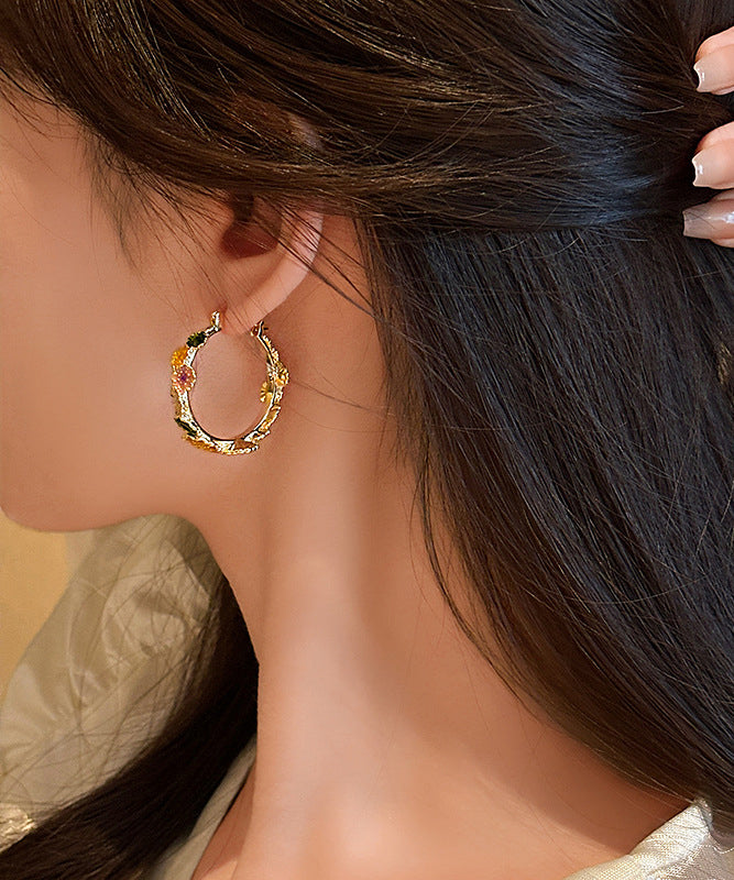 Oversize Gold Copper Alloy Floral Drip Glaze Hoop Earrings