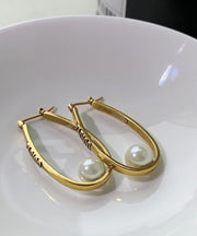 Oversize Gold Copper Overgild Elliptical Pearl Letter Hoop Earrings