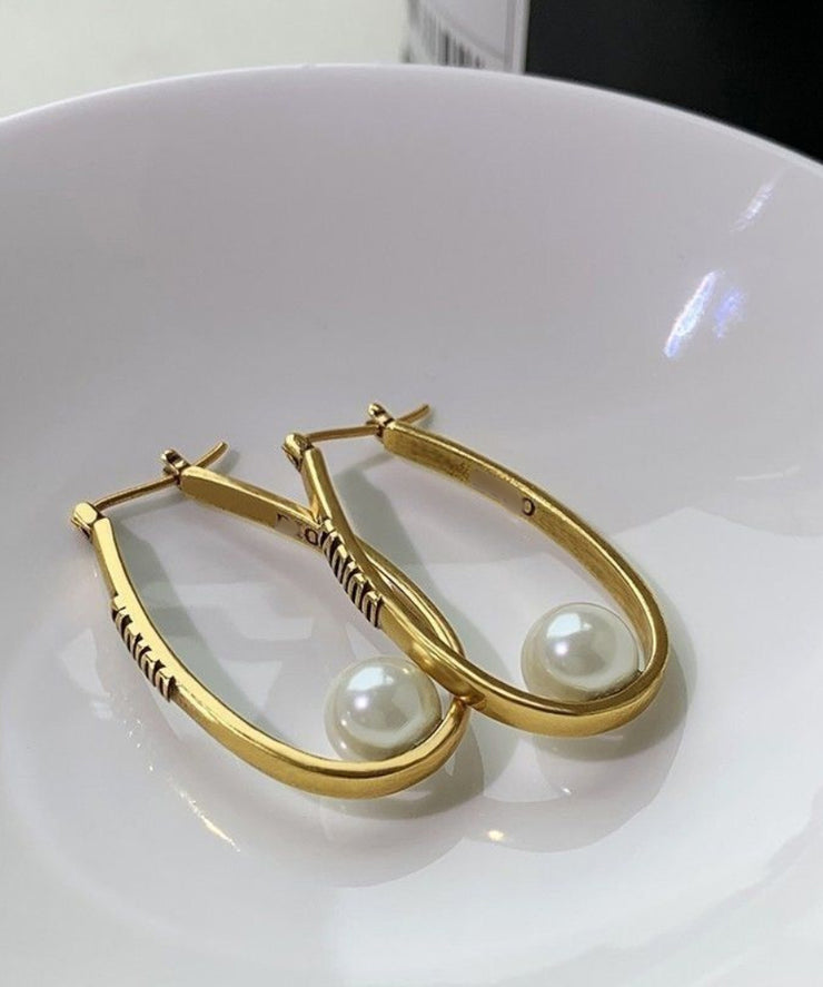 Oversize Gold Copper Overgild Elliptical Pearl Letter Hoop Earrings