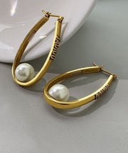 Oversize Gold Copper Overgild Elliptical Pearl Letter Hoop Earrings