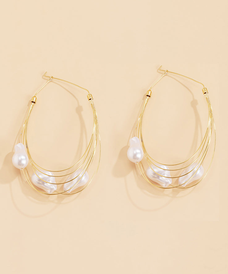 Oversize Gold Multiple Layers Metal Pearl Hoop Earrings