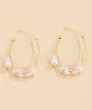 Oversize Gold Multiple Layers Metal Pearl Hoop Earrings