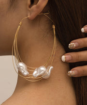 Oversize Gold Multiple Layers Metal Pearl Hoop Earrings