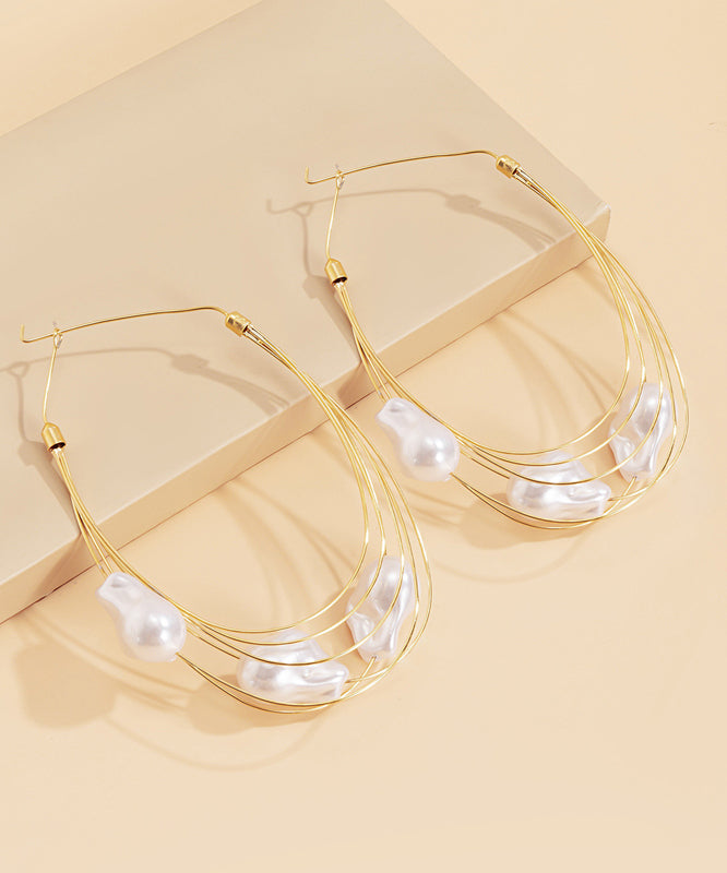 Oversize Gold Multiple Layers Metal Pearl Hoop Earrings