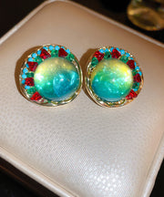 Oversize Green Sterling Silver Alloy Zircon Round Coloured Glaze Stud Earrings