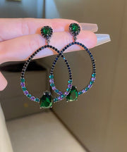 Oversize Green Sterling Silver Inlaid Zircon Water Drop Gem Stone Hoop Earrings