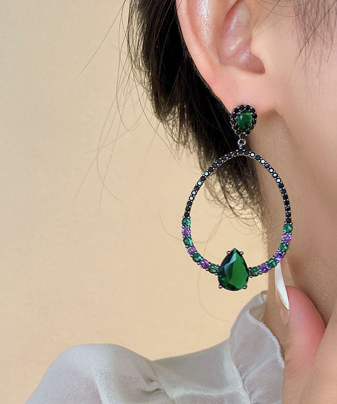 Oversize Green Sterling Silver Inlaid Zircon Water Drop Gem Stone Hoop Earrings