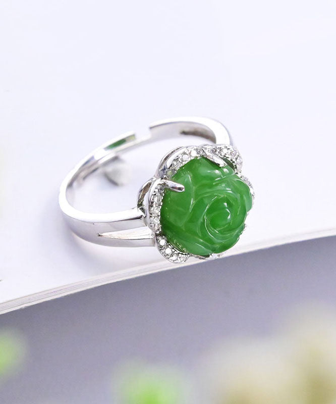 Oversize Green Sterling Silver Jade Zircon Floral Rings