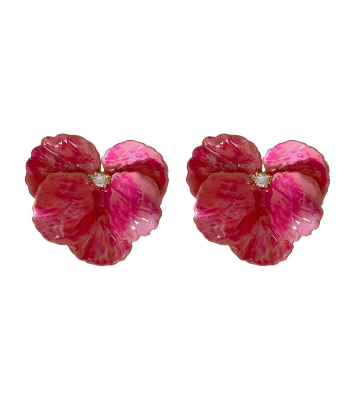 Oversize Pink Copper Zircon Floral Oil Drip Stud Earrings