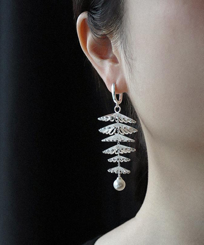 Oversize Silk Sterling Silver Pearl Tree Drop Earrings
