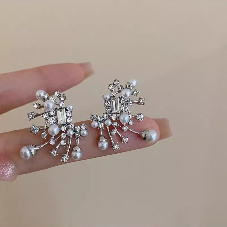 Oversize White Alloy Pearl Zircon Floral Stud Earrings