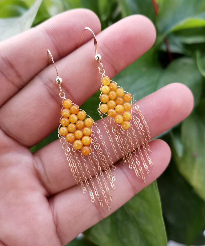 Oversize Yellow 14K Gold Amber Beeswax Tassel Drop Earrings