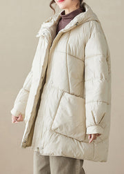 Oversized Beige Hooded Pockets Fine Cotton Filled Puffers Coats Winter