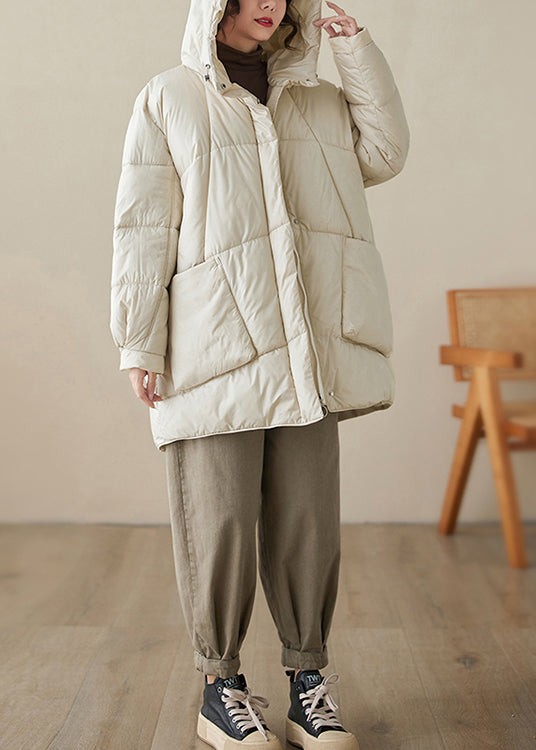 Oversized Beige Hooded Pockets Fine Cotton Filled Puffers Coats Winter