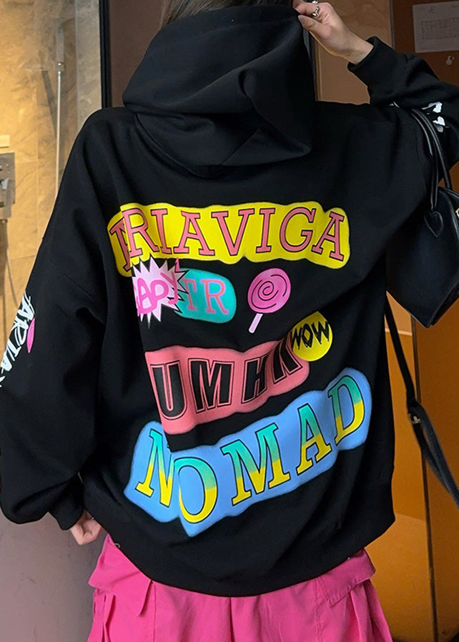 Oversized Black Hooded Cartoon Print Cotton Sweatshirt Streetwear Spring