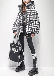 Oversized Black Hooded Plaid Pockets Duck Down Jackets Winter