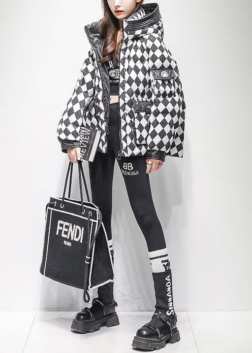 Oversized Black Hooded Plaid Pockets Duck Down Jackets Winter