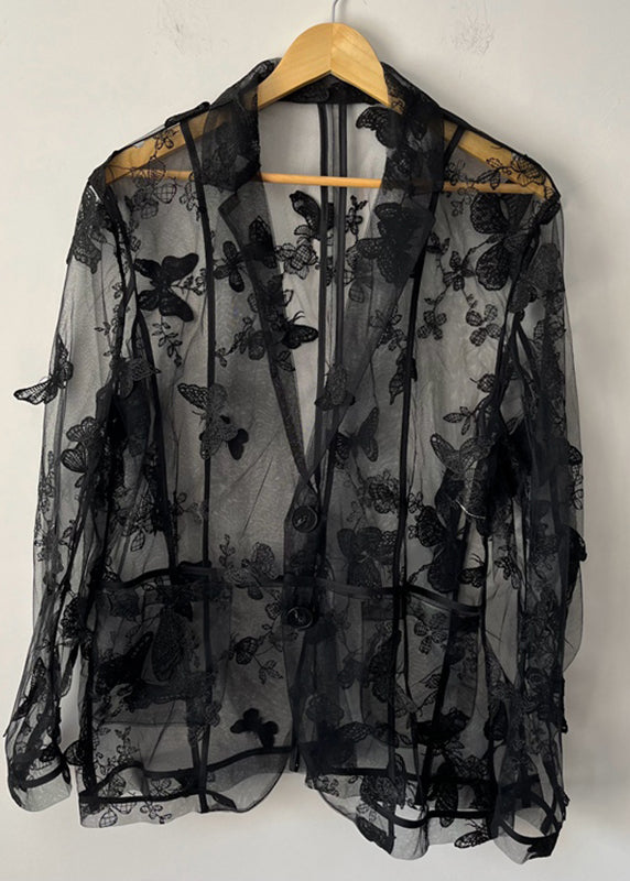 Oversized Black Notched Butterfly Embroidered Men Tulle Shirt Summer