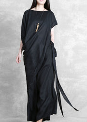 Oversized Black O-Neck Asymmetrical Patchwork Tie Waist Linen Two Piece Set Summer